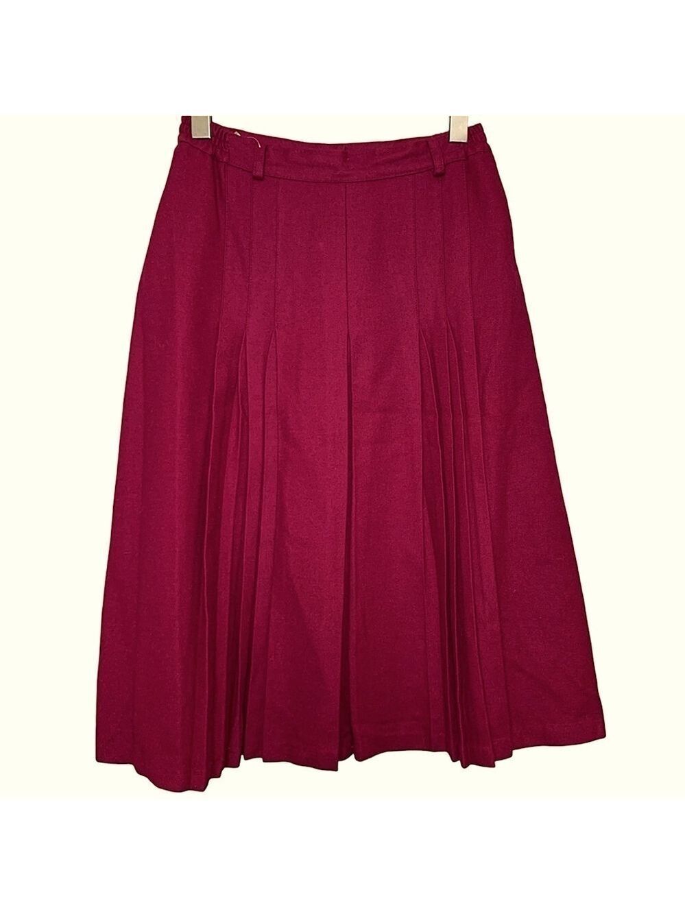 Vintage Burgundy Pleated Skirt A Line Midi Sz 11 (Waist 26") Wool Minimalist